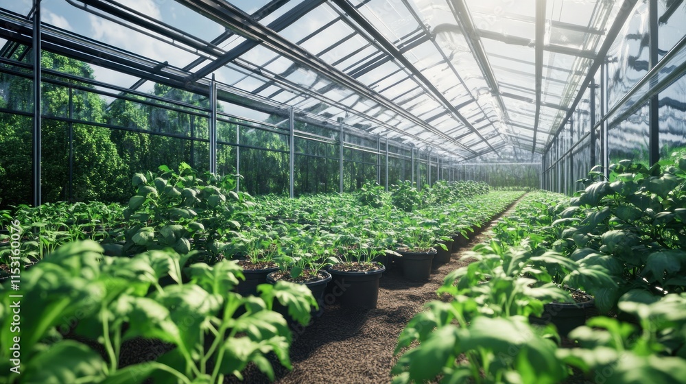 A greenhouse filled with healthy plants growing in pots under natural light. A greenhouse filled with healthy plants growing in pots under natural light.