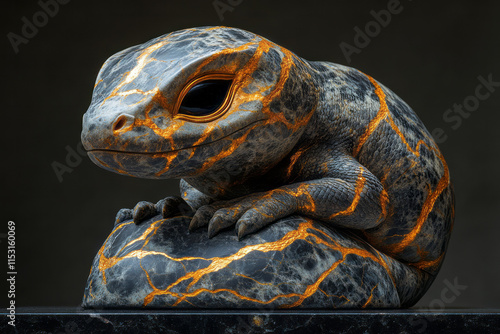 A komodo dragon hatchling sculpted from marble, with veins of gold running through its rough skin, photo