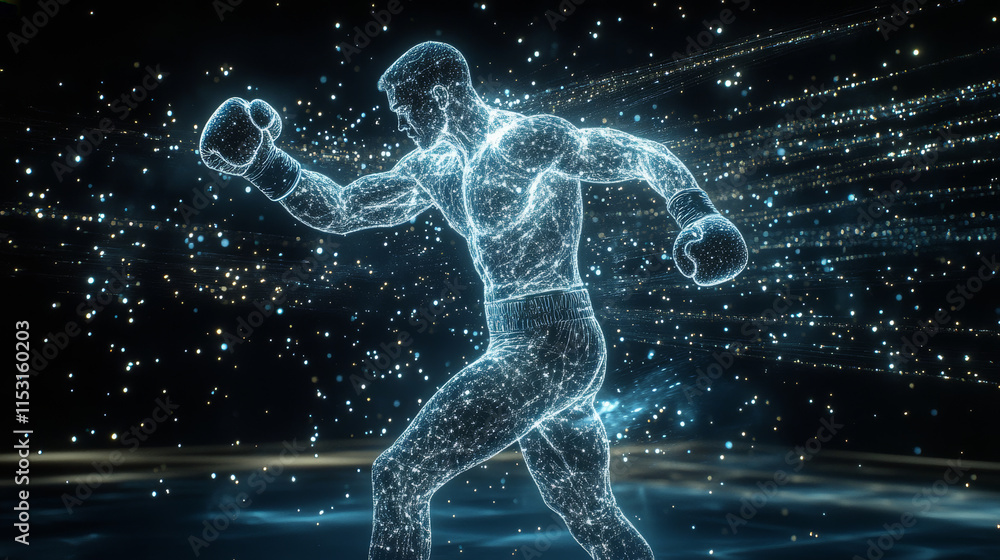 Hologram boxer. Holographic projection of a boxer. Flickering energy flux of particles. The scientific design of the sport. Hologram boxer. Holographic projection of a boxer. Flickering energy flux of particles. The scientific design of the sport.