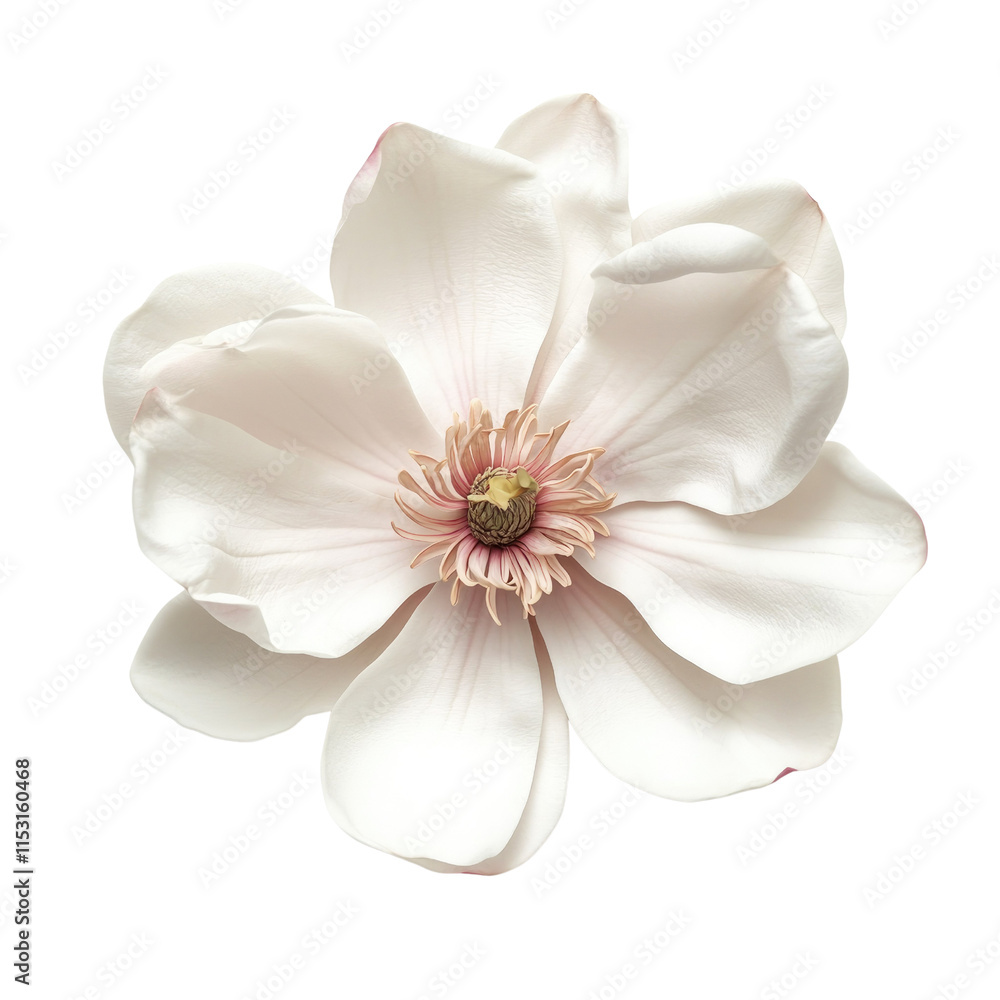 Elegant White Magnolia Bloom with Delicate Petals and Center Detail Elegant White Magnolia Bloom with Delicate Petals and Center Detail