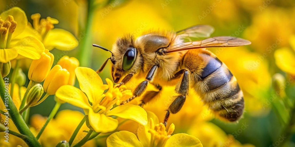Honeybee Collecting Pollen from Rapeseed Flowers - Close-up Portrait Honeybee Collecting Pollen from Rapeseed Flowers - Close-up Portrait
