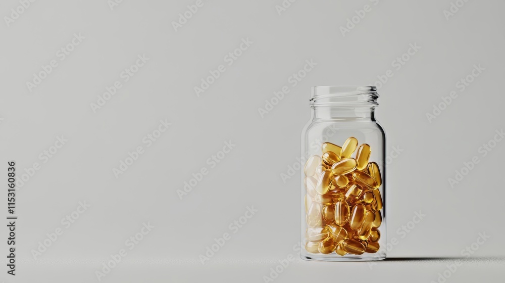 Clear Glass Bottle Filled with Golden Capsules - Health and Wellness Product Clear Glass Bottle Filled with Golden Capsules - Health and Wellness Product
