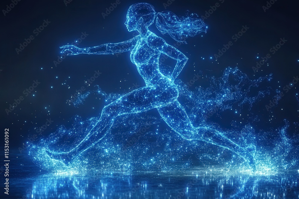 Fototapeta premium A dynamic female figure made of glowing particles, running energetically across a digital landscape, showcasing an ethereal blue light effect.