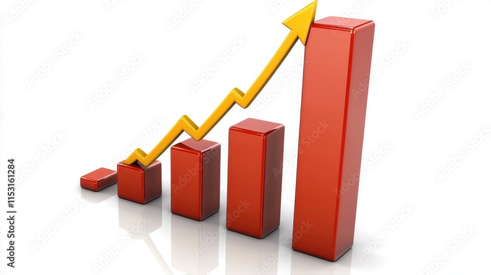 An upward trend represented by rising red bars and an arrow, symbolizing growth and success in business. An upward trend represented by rising red bars and an arrow, symbolizing growth and success in business.