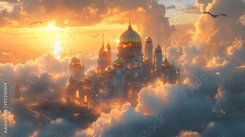 A breathtaking digital painting of a majestic golden palace nestled amongst clouds during a vibrant sunset. Dragons soar in the distance.