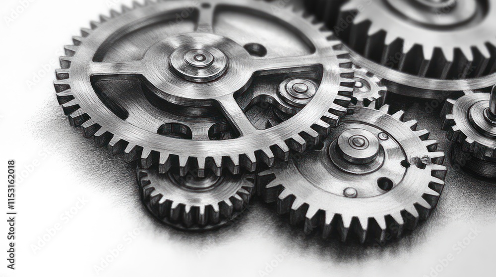 Close-up of interlocking metallic gears showcasing mechanical design. Close-up of interlocking metallic gears showcasing mechanical design.