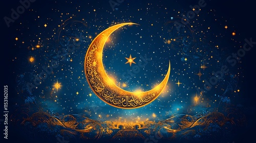 Wallpaper Mural Golden crescent moon adorned with intricate calligraphy against a starry night sky. Islamic art, festive celebration. Islamic Art, Starry Sky, Celestial Design, Festive Celebration Torontodigital.ca