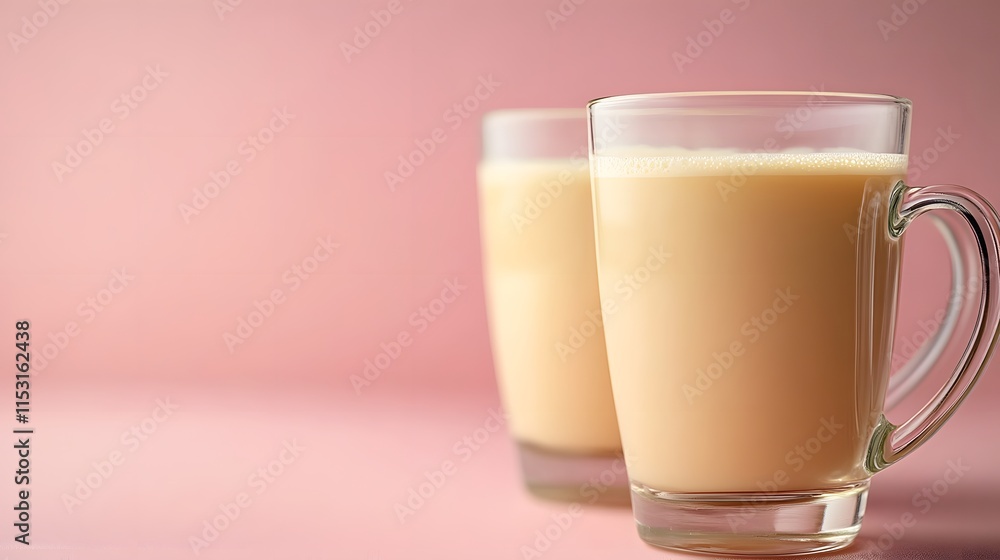 Ayran sits in elegant glasses, radiating a creamy hue against a soft pink backdrop, evoking freshness and tranquility. Ayran sits in elegant glasses, radiating a creamy hue against a soft pink backdrop, evoking freshness and tranquility.