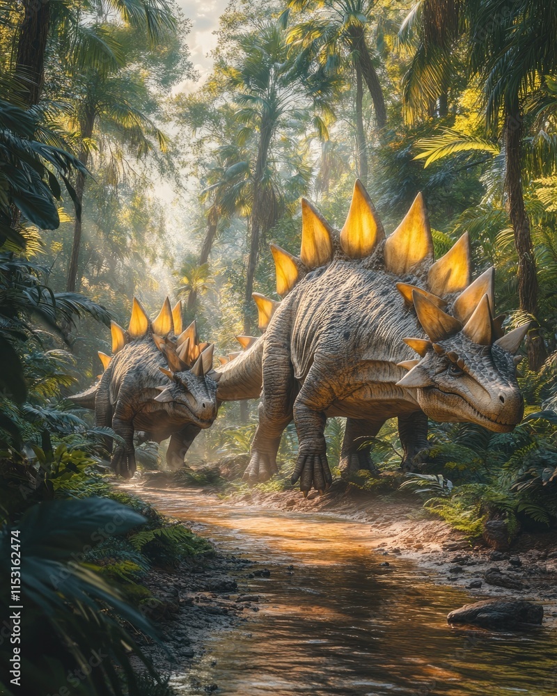 Two stegosaurus dinosaurs walking through a lush, prehistoric jungle landscape. Two stegosaurus dinosaurs walking through a lush, prehistoric jungle landscape.