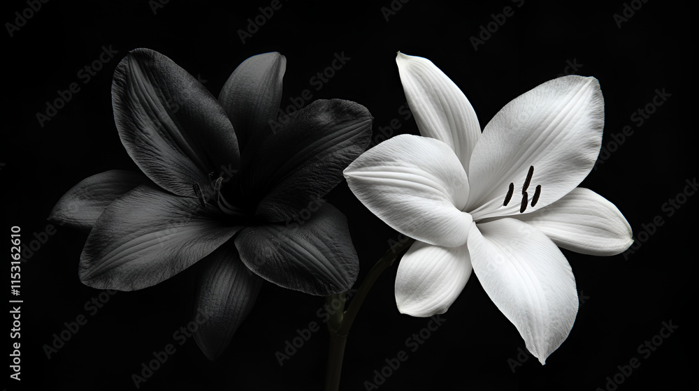 Fototapeta premium white and black lotus on black background , macro close up of a white and black flower , black and white peonies in blossom , Art Photo of Black and White on a Black Background 