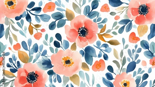 Delicate Watercolor Floral Pattern with Soft Pink and Blue Hues