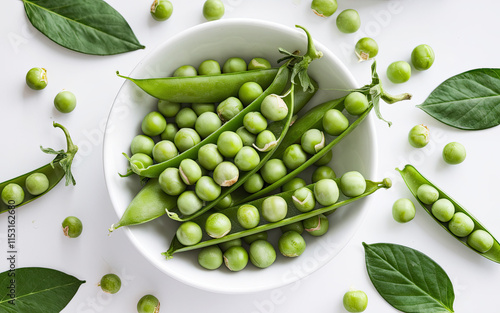 Wallpaper Mural White Bowl with Green Peas in Various Stages of Ripeness, Including Peas in Pods, Separated Peas, and Scattered Peas, Surrounded by Green Pea Leaves Against a White Background. Torontodigital.ca