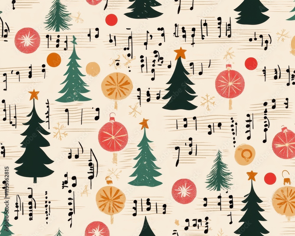 Festive Christmas pattern featuring trees, ornaments, and musical notes in a cheerful, colorful design. Festive Christmas pattern featuring trees, ornaments, and musical notes in a cheerful, colorful design.