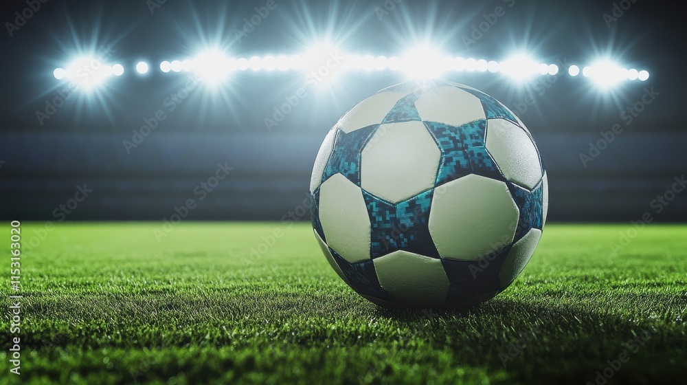 Fototapeta premium A close-up of a classic soccer ball on a vibrant green field illuminated by bright stadium lights.