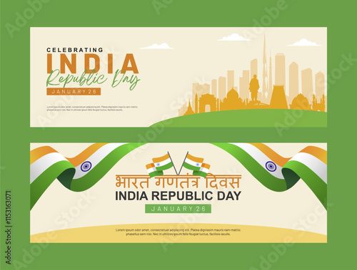 India Republic Day 2025 Banner Set with Famous India Landmarks and Waving Flag Illustration. Hindi text Translation : India Republic Day. Best for All India Celebrations