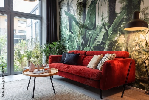 Modern Living Room with Red Velvet Sofa, Large Windows, and Lush Greenery Wall Mural photo