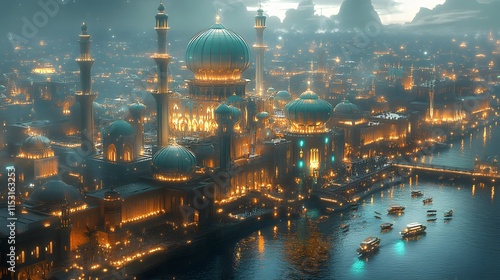 A breathtaking digital painting of a fictional city at night.  Illuminated buildings and calm waters create a magical atmosphere.