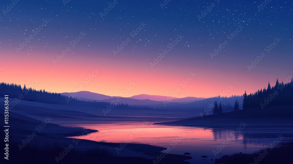 Fototapeta premium A serene twilight landscape with a calm river reflecting the colorful sky and distant mountains.