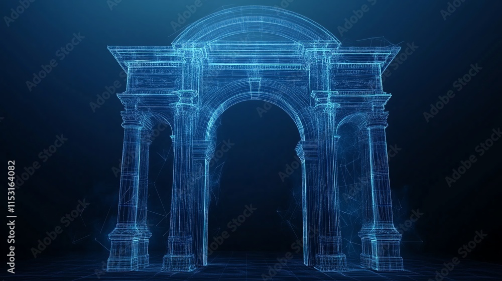 Naklejka premium Low poly wireframe ancient gate with traditional architectural elements, isolated on a dark blue background, representing cultural heritage and history.