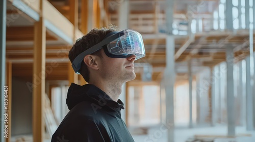 A civil engineer using AR glasses to visualize real-time structural changes on a building site photo