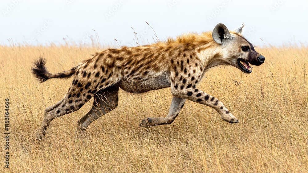 A hyena running across a grassy landscape. A hyena running across a grassy landscape.