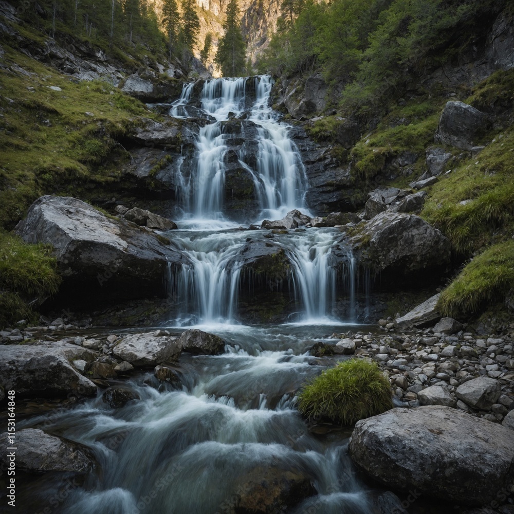 A crystal-clear waterfall cascading down a mountain slope. A crystal-clear waterfall cascading down a mountain slope.