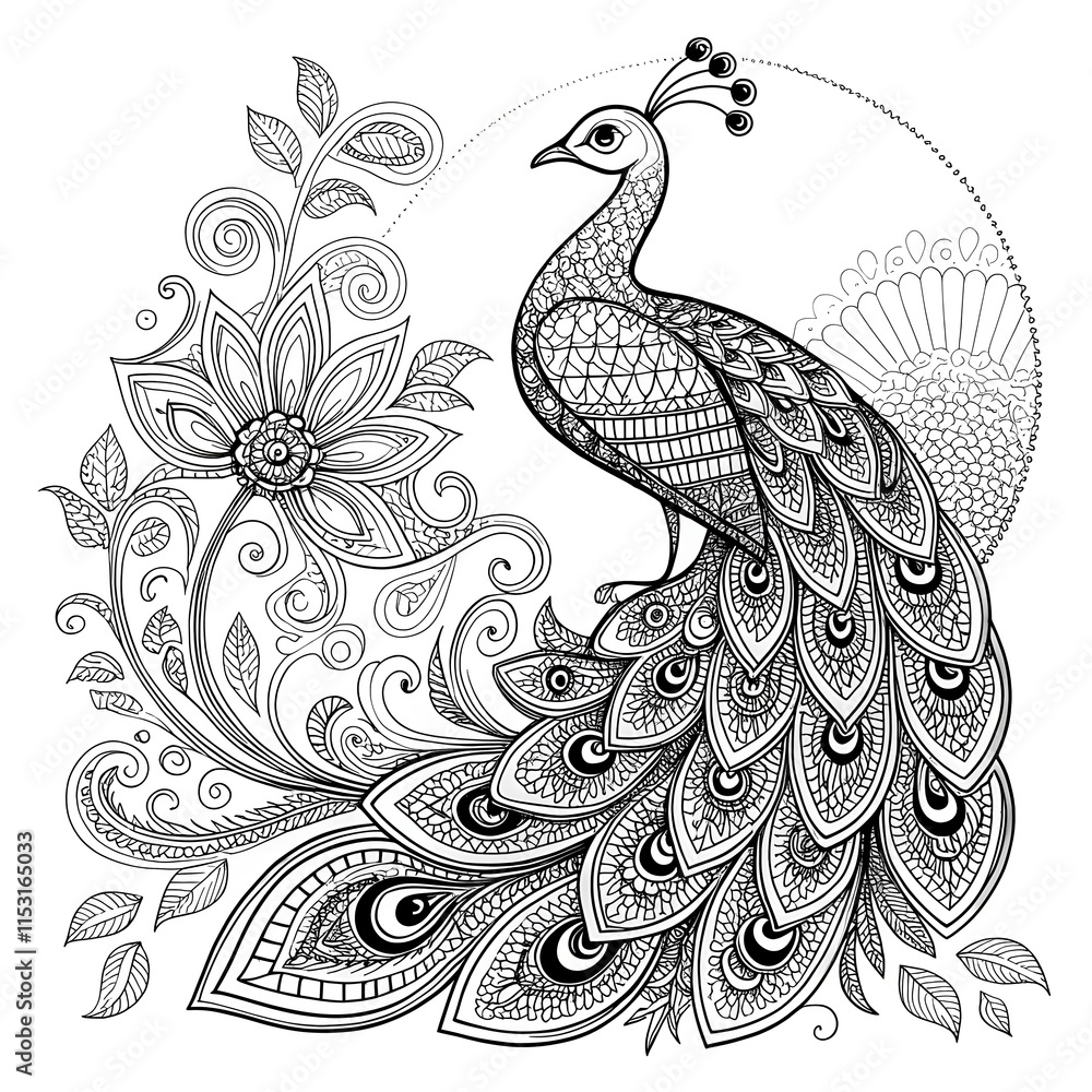 Fototapeta premium Intricate Peacock Illustration with Floral Design and Zentangle Patterns