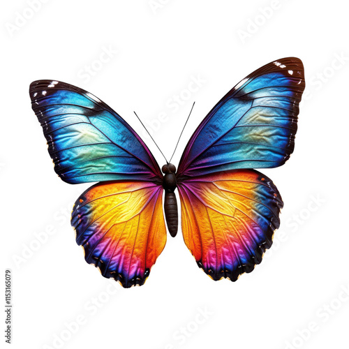 Colorful butterfly displaying vibrant blue and orange wings on a white background during springtime