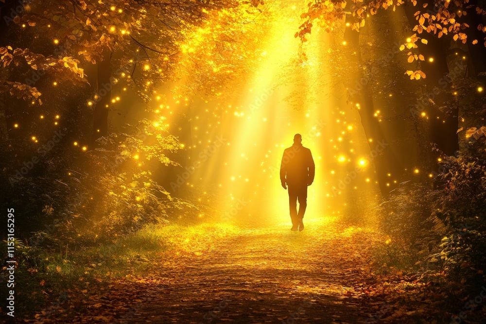 A silhouette of a man walking purposefully through a glowing forest filled with golden light and magical sparks, evoking a sense of wonder. A silhouette of a man walking purposefully through a glowing forest filled with golden light and magical sparks, evoking a sense of wonder.