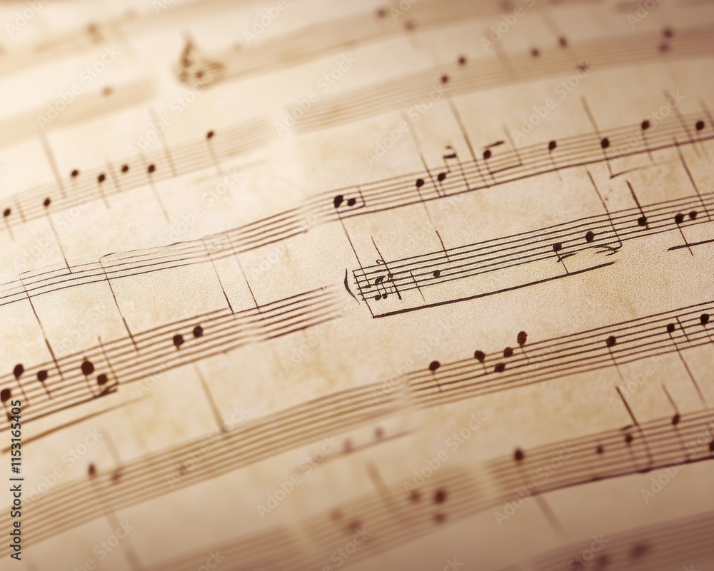 Fototapeta premium An intricate close-up of vintage sheet music, showcasing detailed notes and clefs on aged paper.