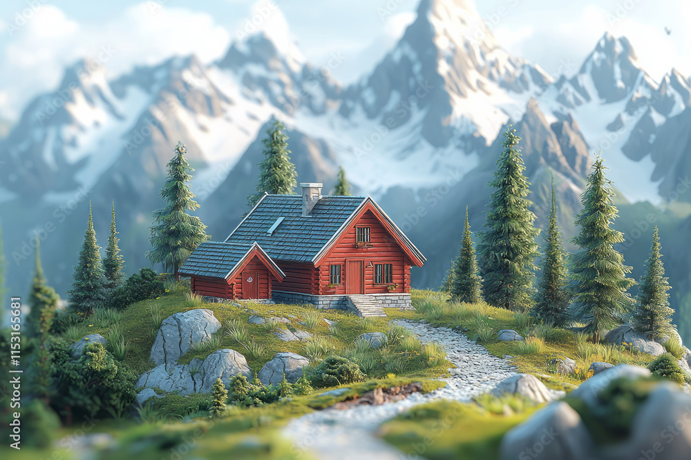 Fototapeta premium Isometric mountain landscape with cabins, trees, and hiking trails,