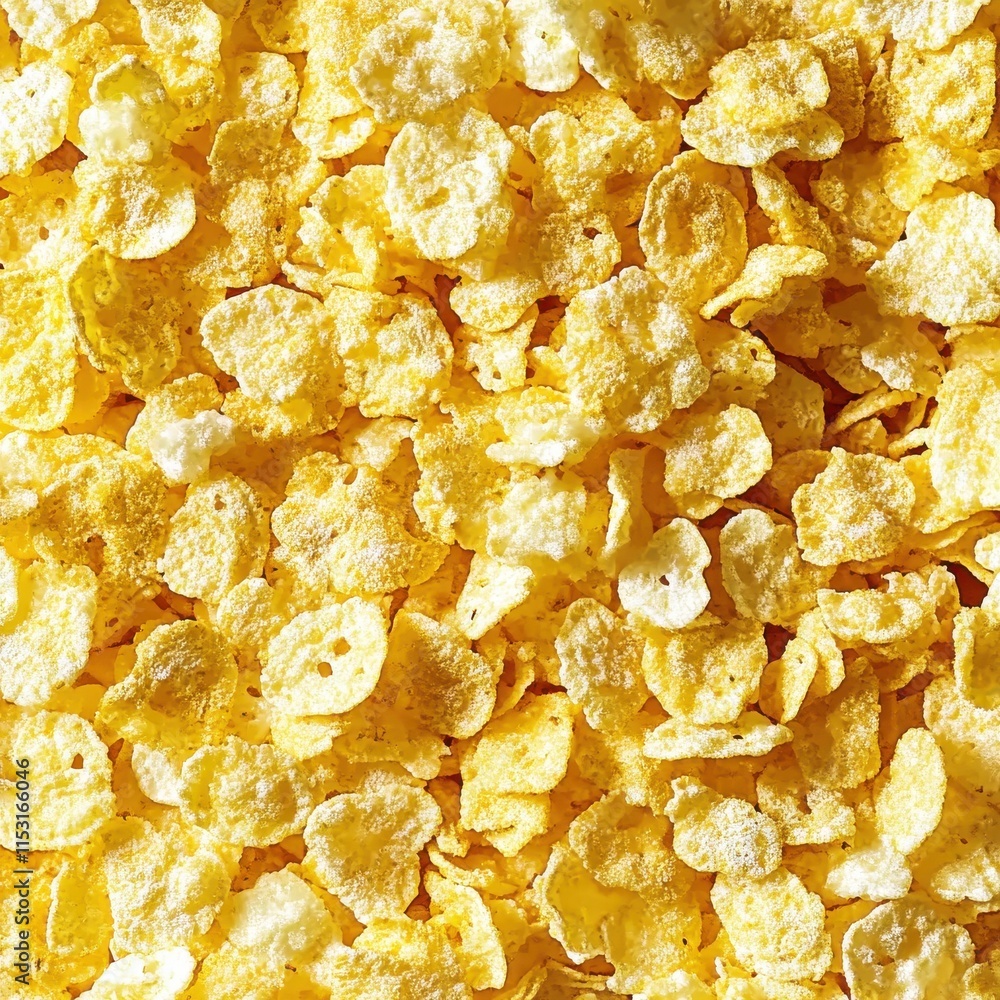 Golden cornflakes scattered on a surface, creating a vibrant and crunchy breakfast texture. Golden cornflakes scattered on a surface, creating a vibrant and crunchy breakfast texture.