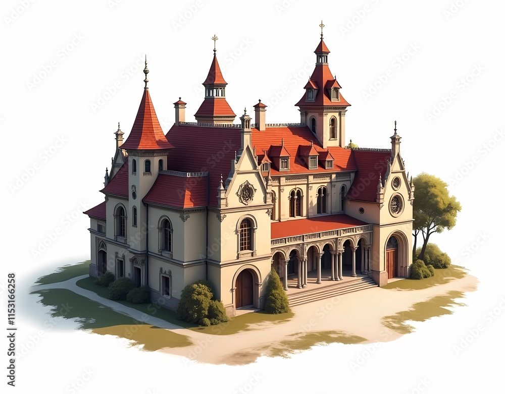Illustration of mansion building architectural design, 1500s, mansion building model, sturdy, eagle eye shot, isolated on white background. Generate AI Illustration of mansion building architectural design, 1500s, mansion building model, sturdy, eagle eye shot, isolated on white background. Generate AI