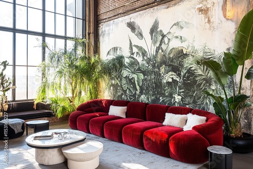 Modern Living Room with Red Velvet Sofa, Large Windows, and Lush Greenery Wall Mural photo