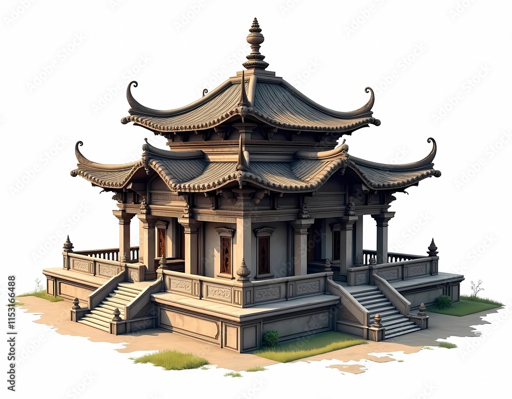 Fototapeta premium Illustration of architectural design of Majapahit Javanese kingdom building in Indonesia, model of Majapahit Javanese kingdom building, sturdy, eagle eye shot, isolated on white background