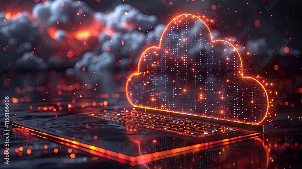 Illustration Detail: Minimalist laptop with binary code flowing into a cloud symbol Illustration Detail: Minimalist laptop with binary code flowing into a cloud symbol