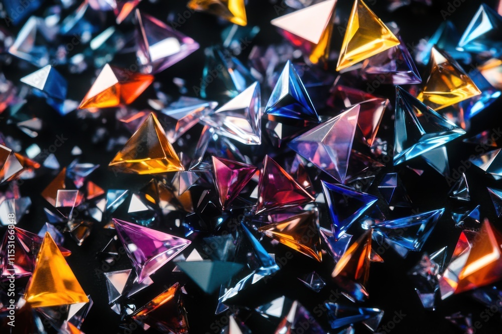 Colorful geometric crystals scattered on a dark surface showcasing vibrant reflections and unique shapes Colorful geometric crystals scattered on a dark surface showcasing vibrant reflections and unique shapes