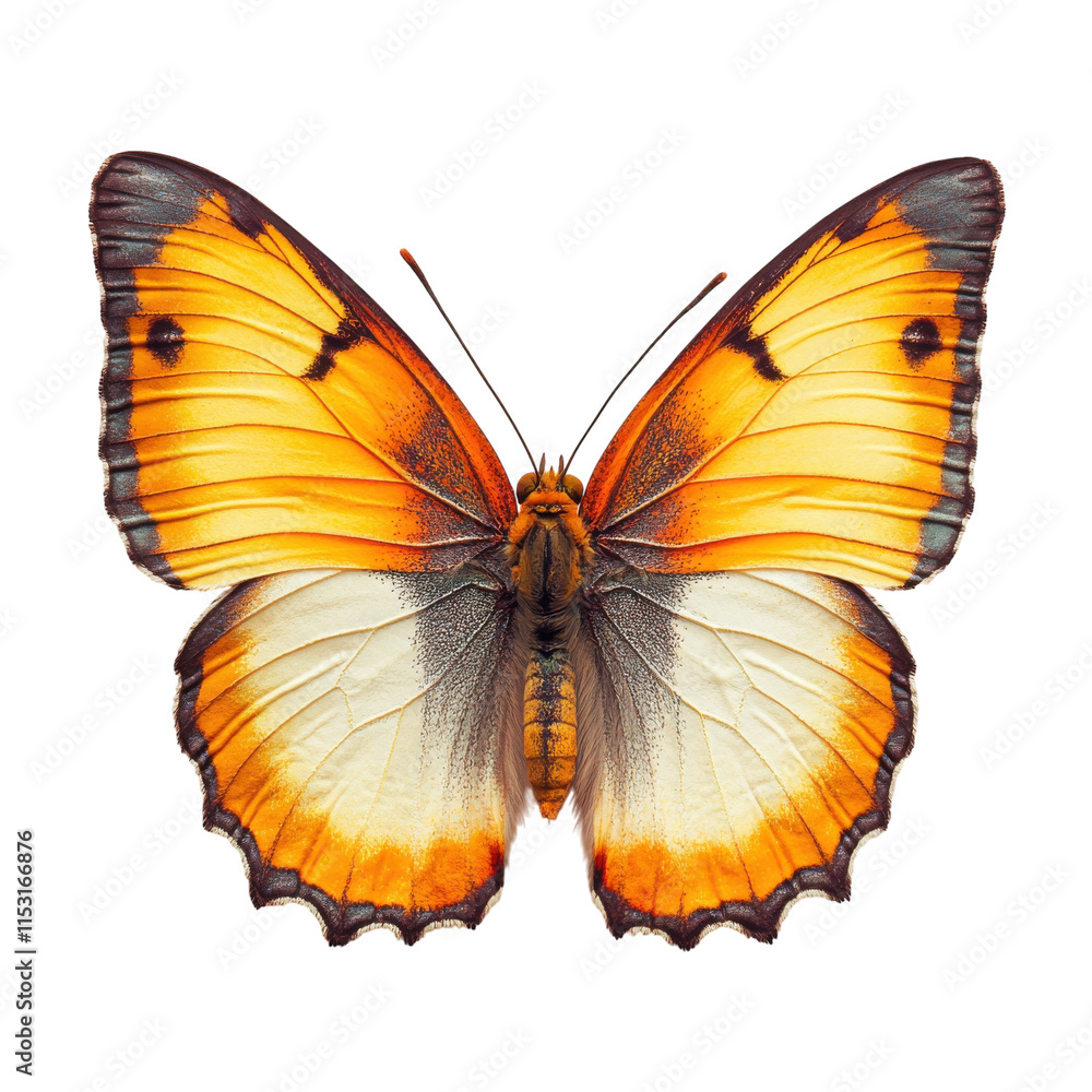 Fototapeta premium Beautiful orange and yellow butterfly perched with open wings on white background, showcasing intricate patterns and colors
