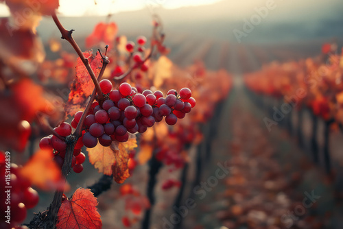 Isometric vineyard in autumn with red and golden vines, photo