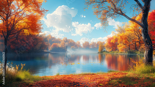 紅葉した森と湖の秋の風景