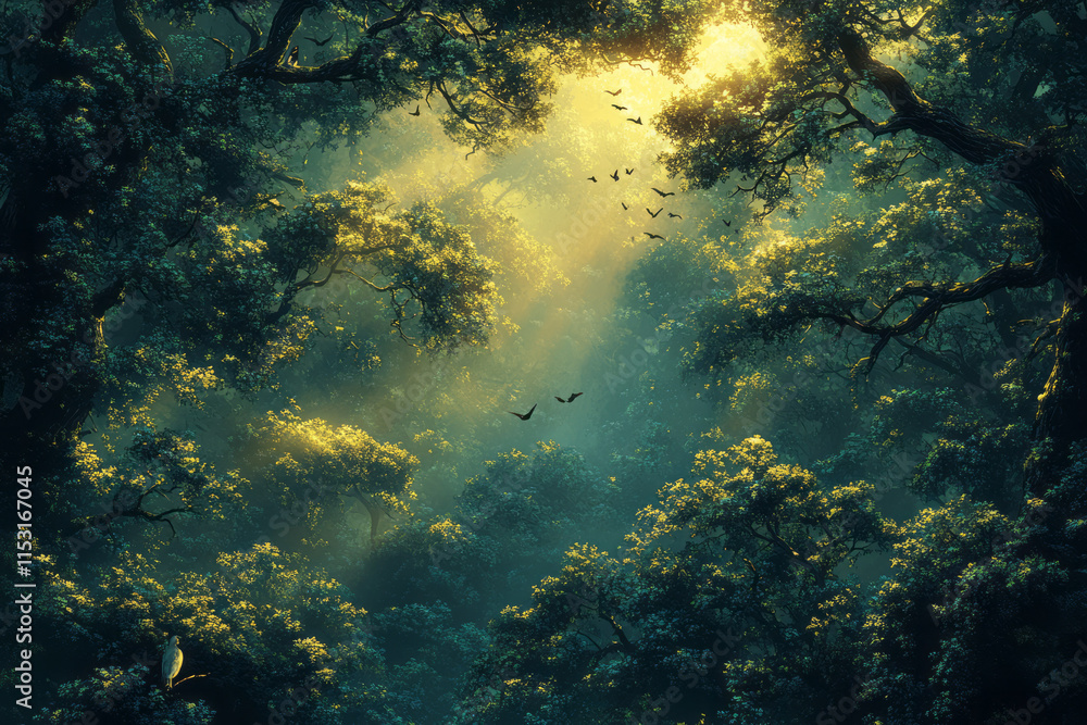 Isometric rainforest canopy with birds and vines, Isometric rainforest canopy with birds and vines,