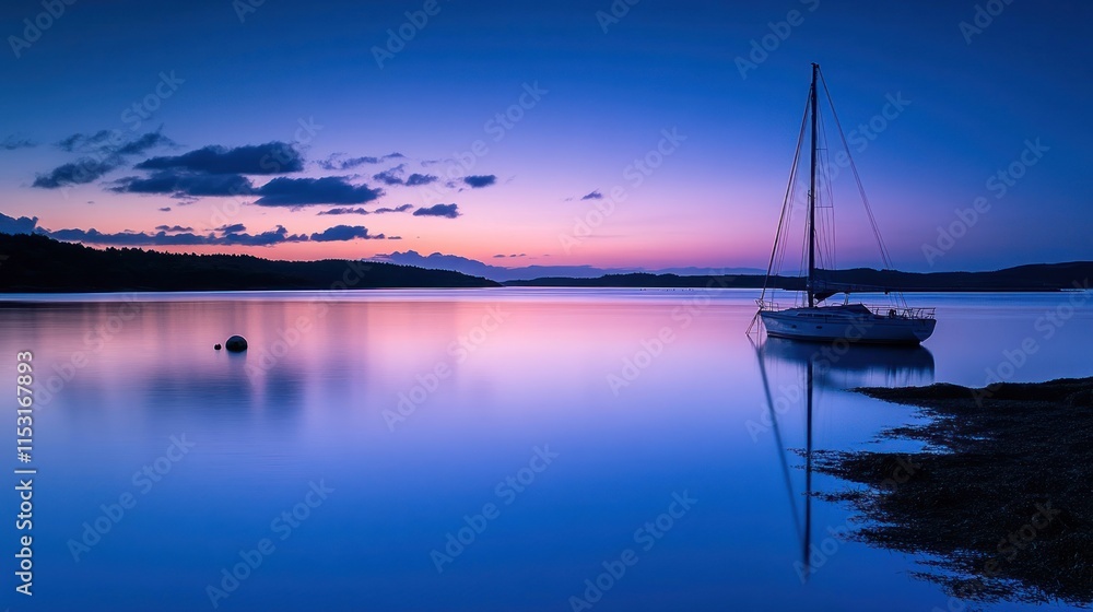 A serene twilight scene featuring a sailboat anchored in calm waters. A serene twilight scene featuring a sailboat anchored in calm waters.