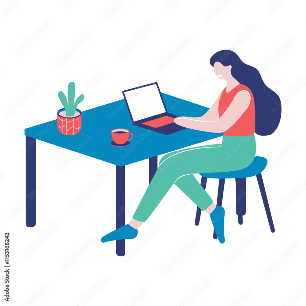 Fototapeta premium Woman Working on Laptop at Desk