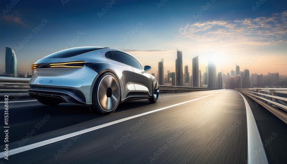 Fototapeta premium Futuristic Electric Car Cityscape Drive - Electric Vehicles