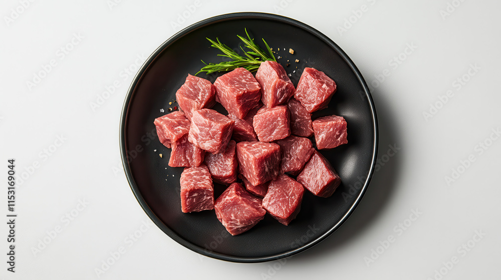 A clean-cut image of diced meat cubes with a fresh, vibrant green color, arranged neatly on a smooth black plate, white background perfectly isolating the subject, hyper-detailed meat texture with ric A clean-cut image of diced meat cubes with a fresh, vibrant green color, arranged neatly on a smooth black plate, white background perfectly isolating the subject, hyper-detailed meat texture with ric