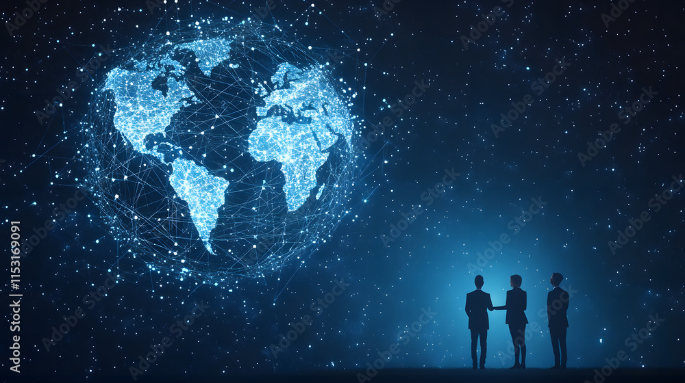 Global business connectivity through advanced digital networks, showcasing worldwide collaboration, data exchange, and technological innovation. The image features vibrant wave patterns, abstract elem Global business connectivity through advanced digital networks, showcasing worldwide collaboration, data exchange, and technological innovation. The image features vibrant wave patterns, abstract elem
