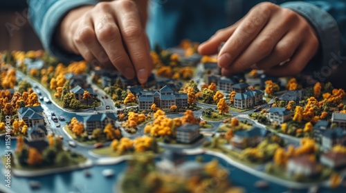 Exploring a Miniature Model of a Vibrant Lakeside Community With Detailed Landscaping. Generative AI