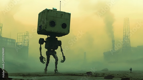 Giant Cube Robot Stands In A Post Apocalyptic Landscape photo