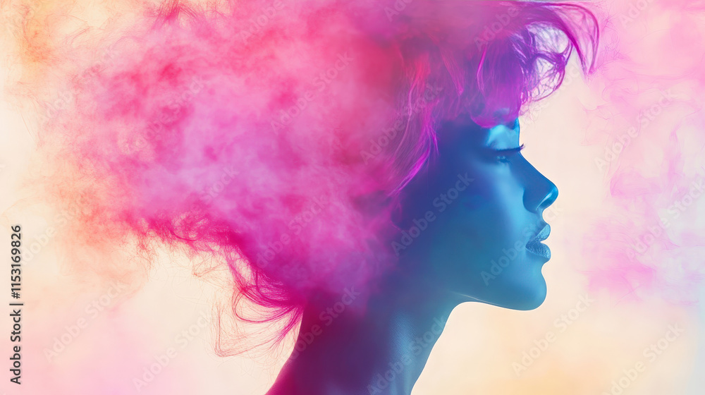 Profile silhouette of a woman with vibrant pink and blue smoke in a dreamy atmosphere showcasing creativity and artistic expression in photography Profile silhouette of a woman with vibrant pink and blue smoke in a dreamy atmosphere showcasing creativity and artistic expression in photography