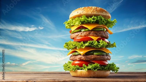 Juicy Gourmet Burger, Sky-High Stack, Delicious Fast Food, Close-Up photo